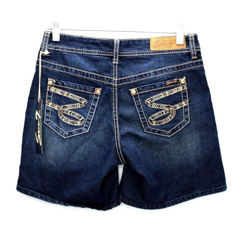 Seven7 Thick Stitch Jean Shorts Size 4 Whiskered Mid Rise Bermuda Stretch NWT